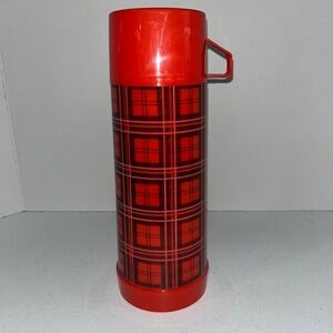 Vintage Aladdin Thermos‎ 12" 1 Quart Red Plaid Insulated Carafe with Cup Stopper